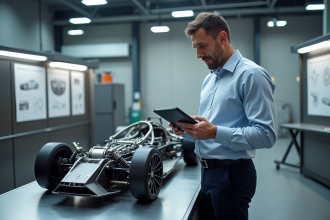 Ingénieur automobile examinant un modèle de carrosserie futuriste
