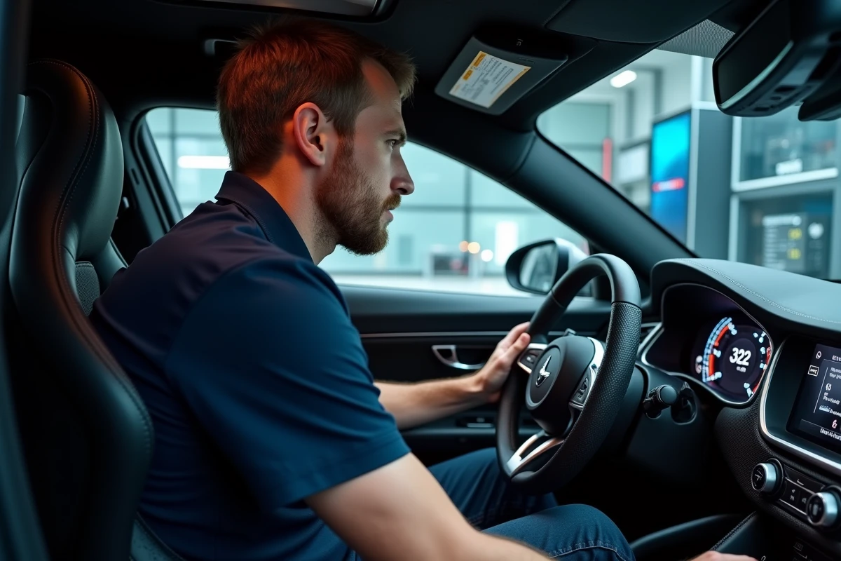 Ingénieur automobile analysant un compteur de vitesse indiquant l'équivalent de 200 mph en km/h dans une voiture de sport