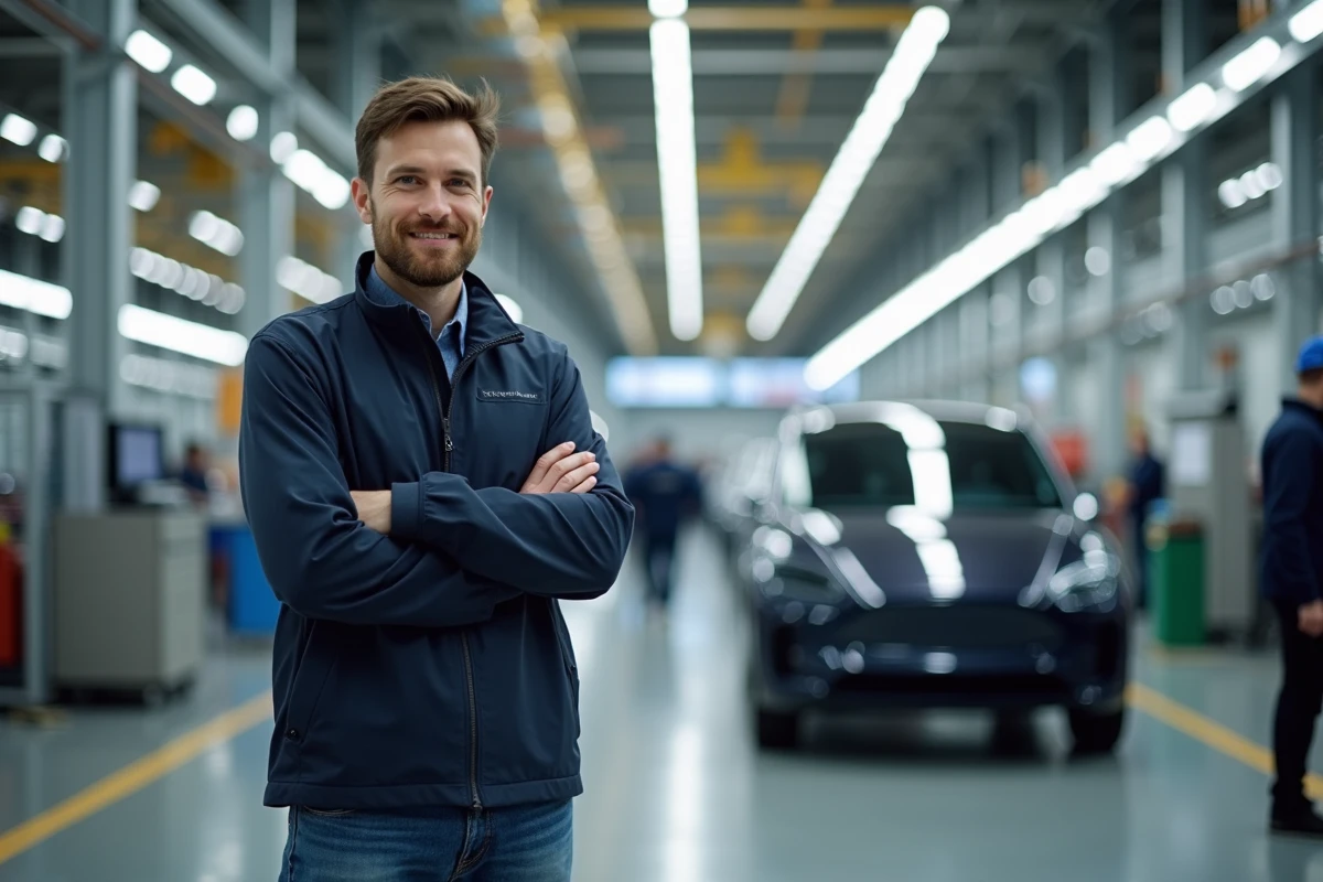 Jeune ingénieur industriel dans une usine de véhicules électriques