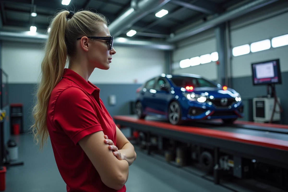 Ingénieure motorsport supervisant un passage au banc de puissance sur une voiture de sport dans un centre de tuning professionnel