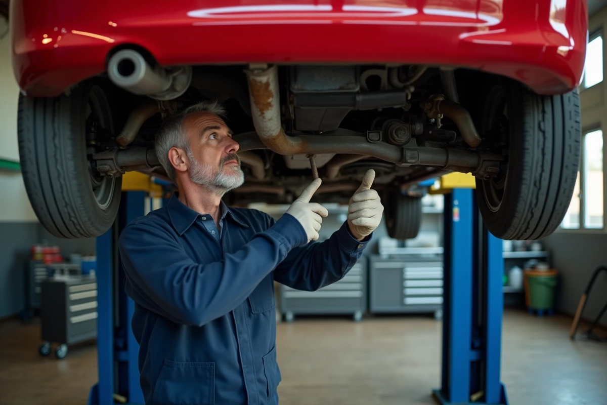 Mécanicien inspectant le dessous d'une Peugeot 206 rouge sur un pont élévateur dans un garage automobile professionnel