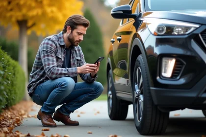 Homme inspectant un pneu de voiture dans la cour