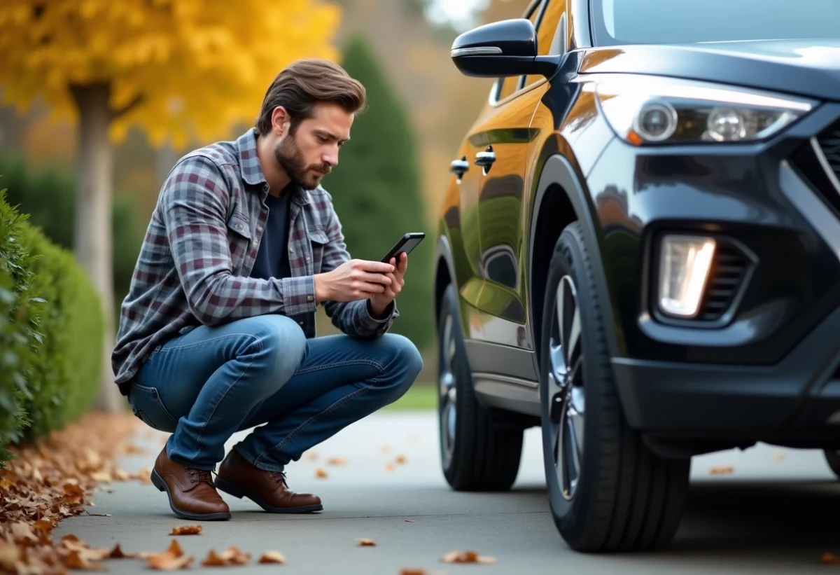 Homme inspectant un pneu de voiture dans la cour