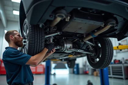 Mecanicien inspectant la suspension d'une voiture moderne