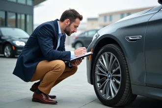 Homme inspectant une BMW 5 Series F10 avec checklist