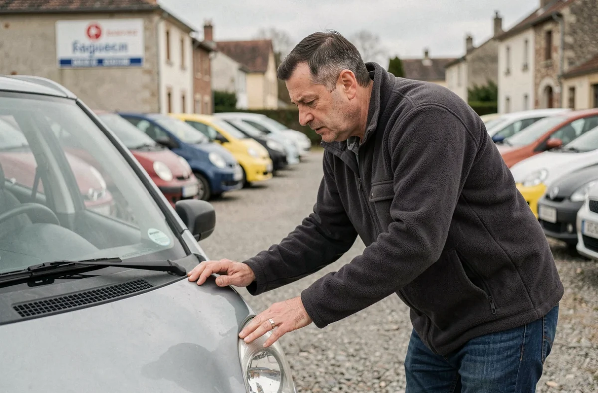 Homme inspectant une voiture sans permis d'occasion dans un garage concessionnaire en Meuse