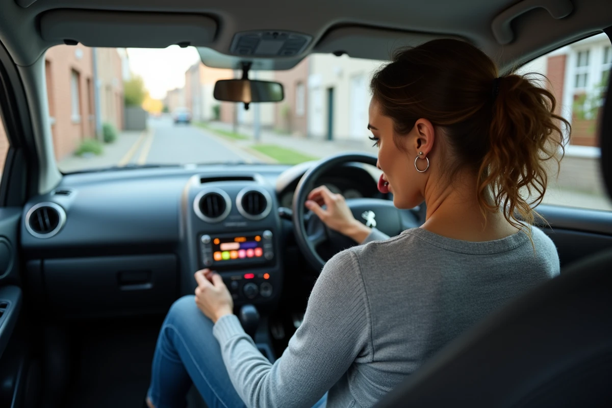 Femme installant un autoradio dans le tableau de bord d'une Peugeot 207 en consultant un schéma de branchement sur smartphone