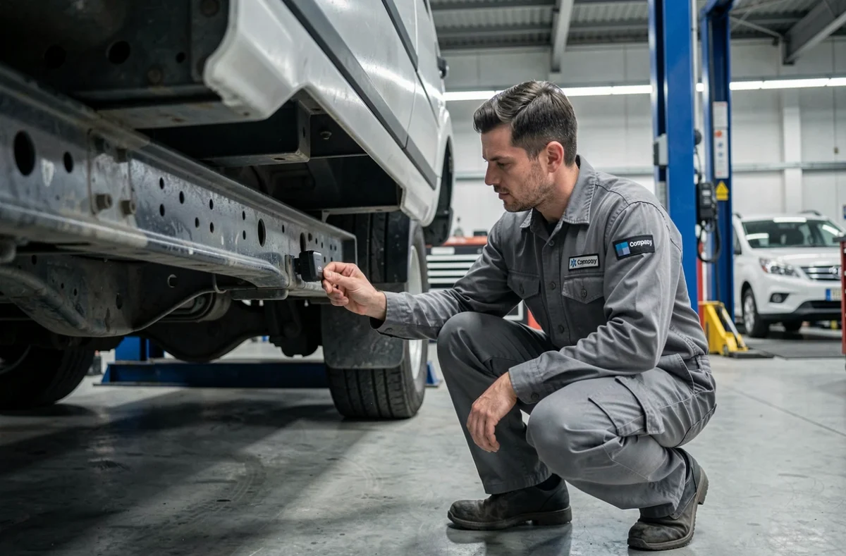 Technicien automobile installant une balise de géolocalisation sous le châssis d'un véhicule de flotte dans un atelier de maintenance professionnelle