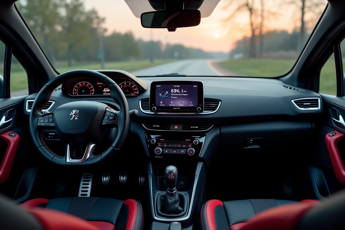 Intérieur de la Peugeot 208 GTI 30th Anniversary avec volant sport Alcantara, coutures rouges et plaque commémorative numérotée