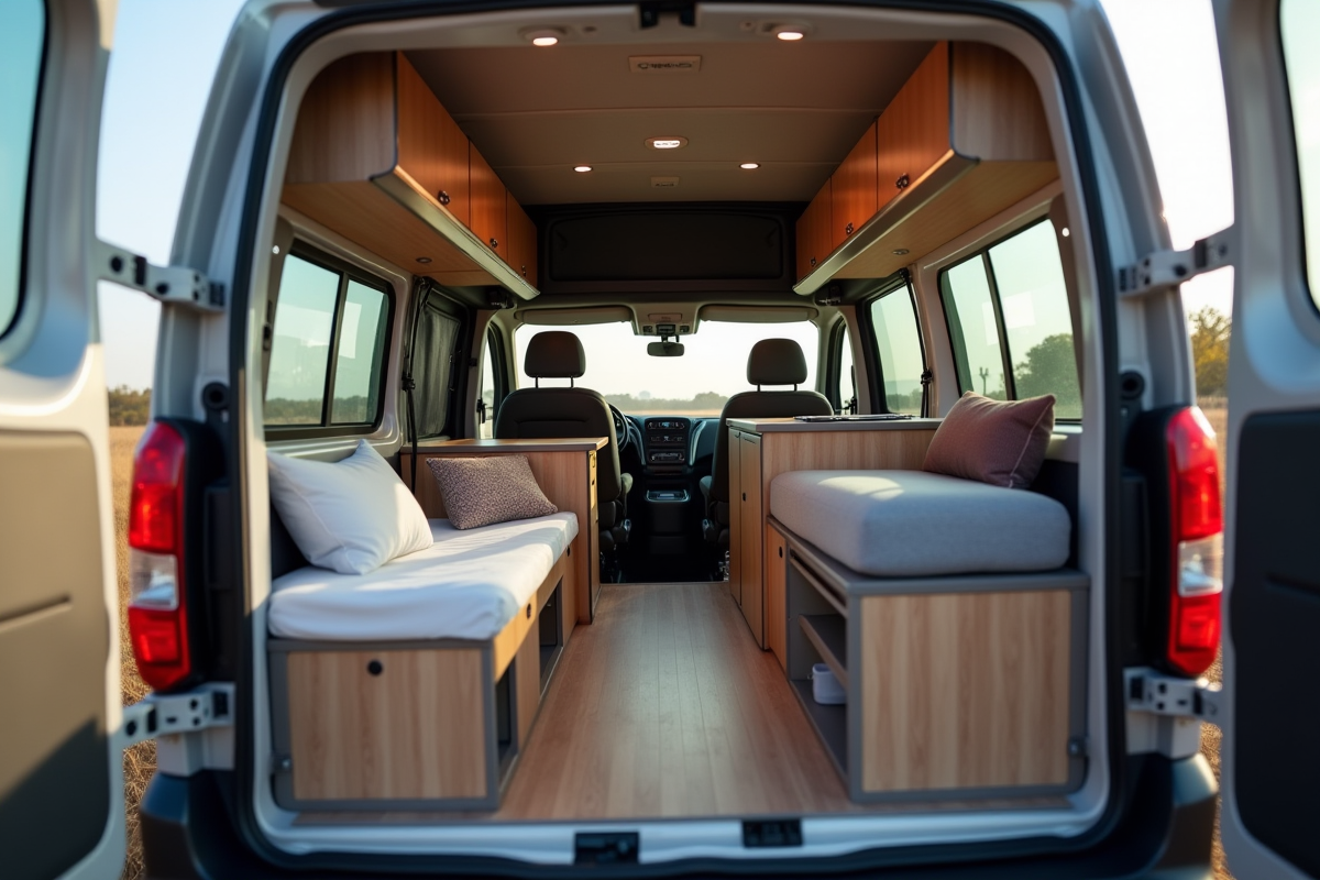 Intérieur du Peugeot Expert aménagé pour le camping avec rangement et lit