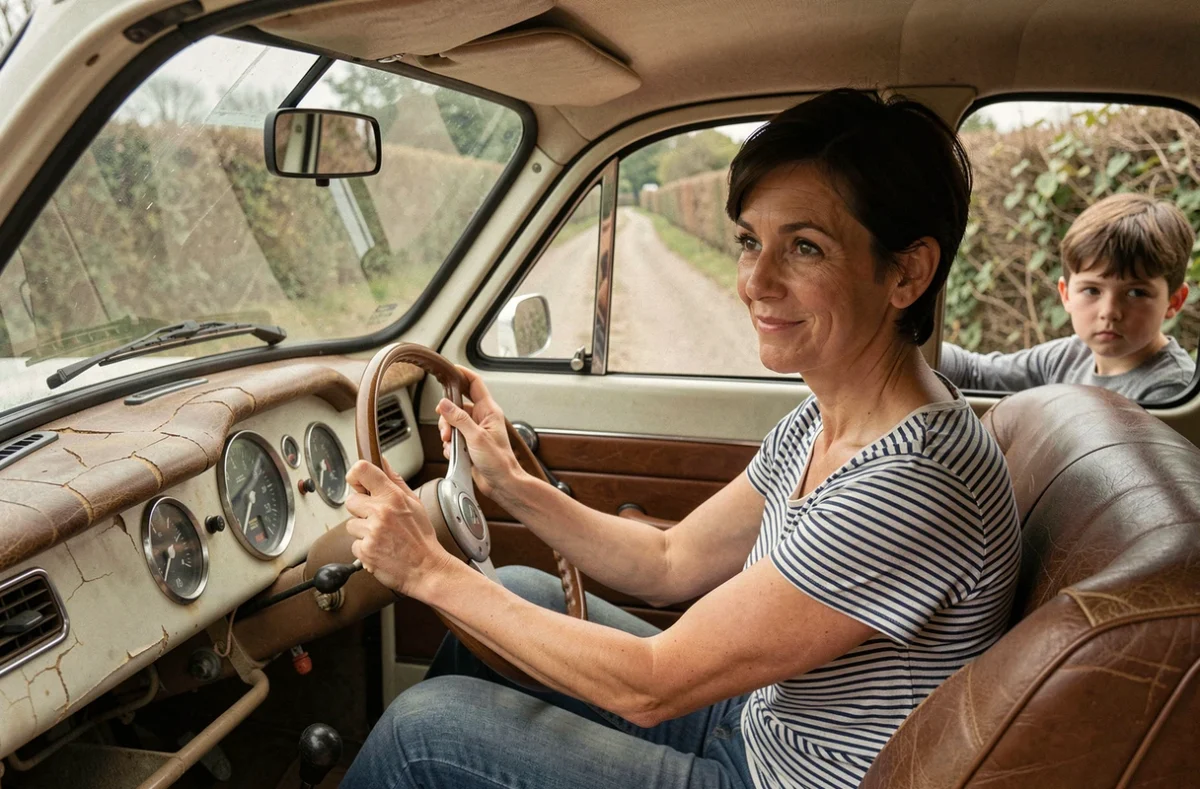 Intérieur authentique d'une Renault 4CV avec une conductrice au volant sur une route de campagne