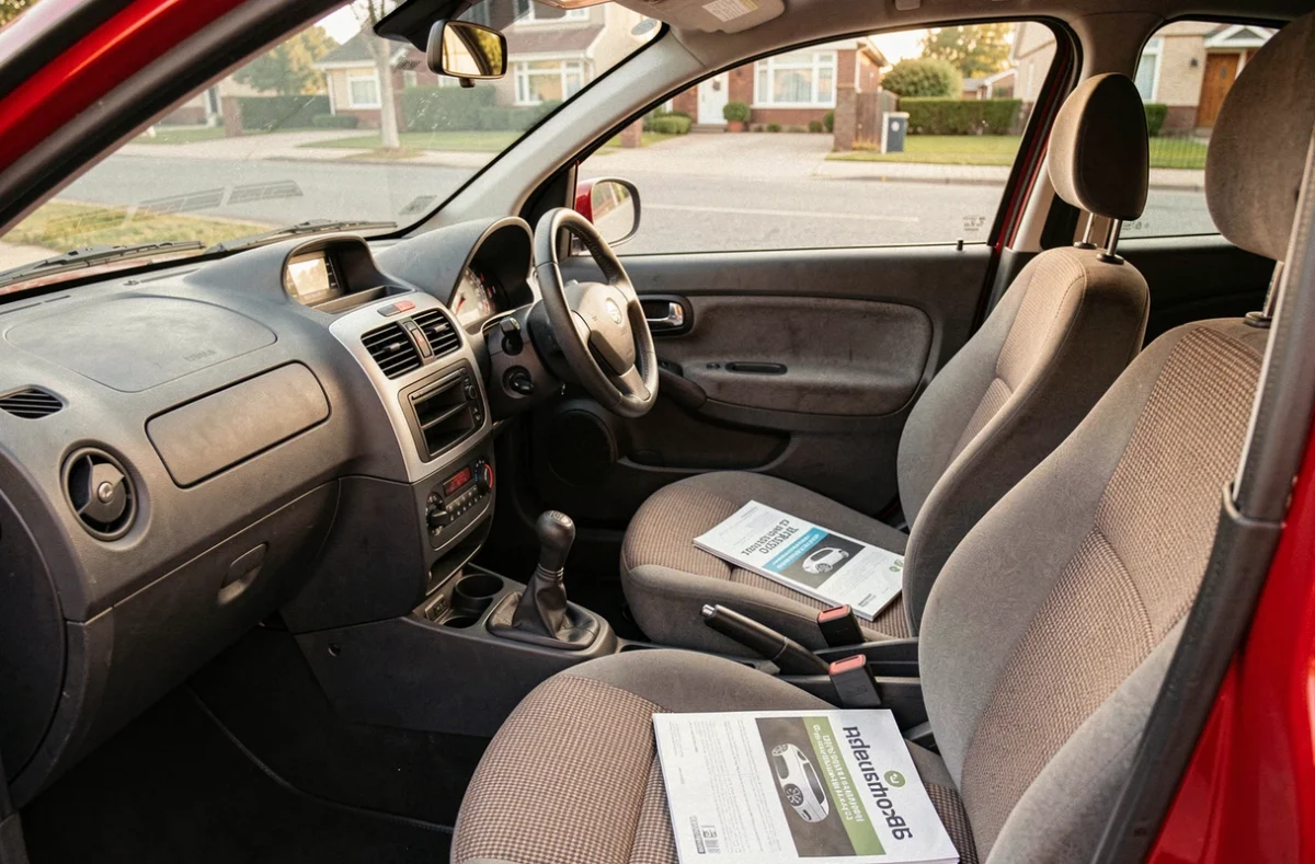 Intérieur et tableau de bord d'une voiture sans permis essence avec brochure de prix sur le siège passager