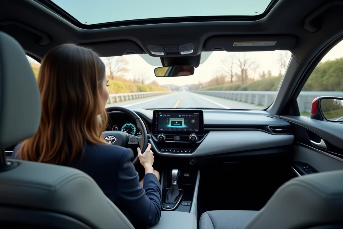Intérieur du Toyota C-HR 2026 avec tableau de bord hybride et conductrice au volant consultant l'écran tactile central
