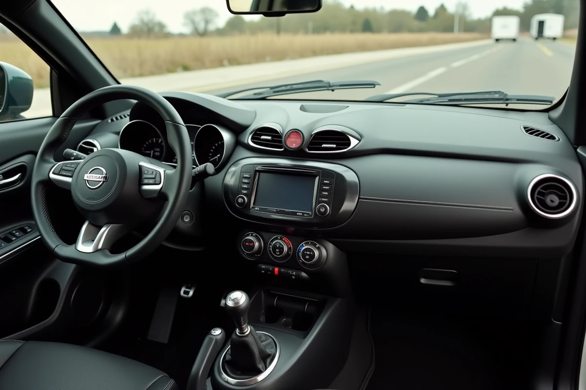 Intérieur usé d'un Nissan Juke première génération avec tableau de bord fissuré et plastiques décolorés