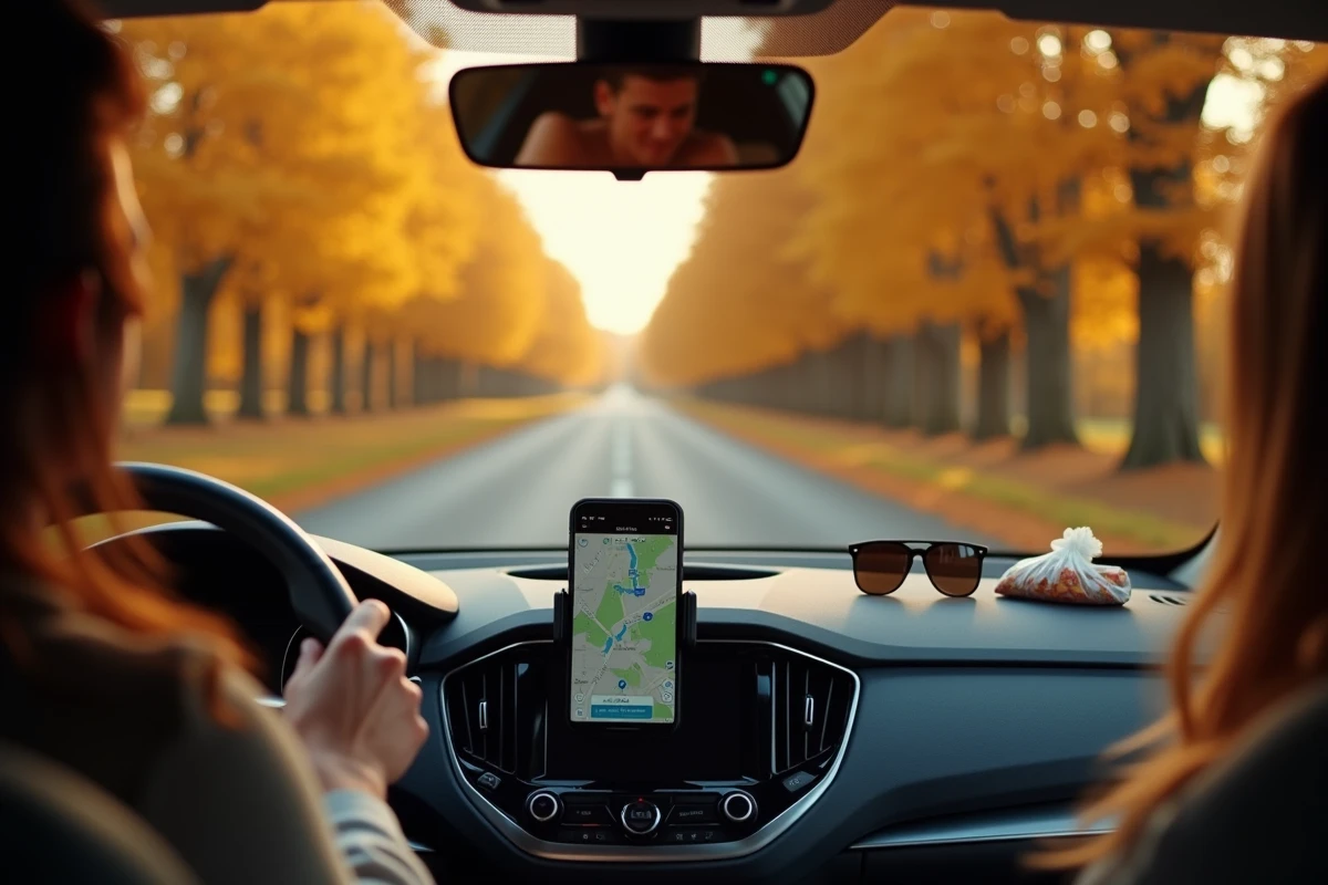 Intérieur de voiture pendant un road trip en Val de Loire, avec GPS et décor automnal sur la route