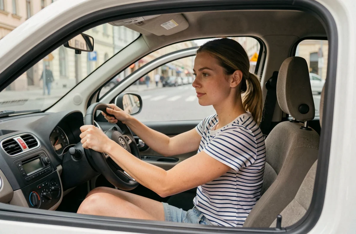 Jeune femme au volant d'une voiture sans permis avec intérieur simple et tableau de bord minimaliste