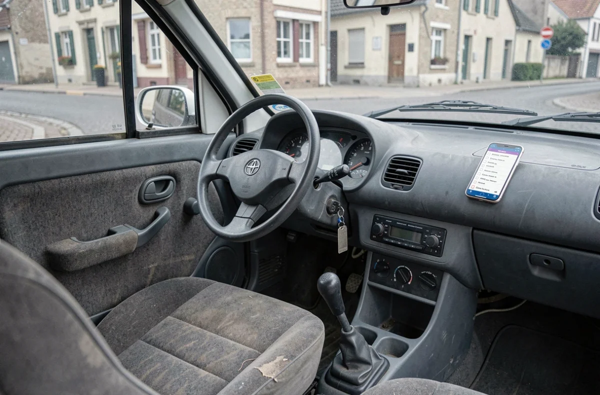 Intérieur d'une voiture sans permis d'occasion avec tableau de bord et siège en tissu usé pour vérification avant achat