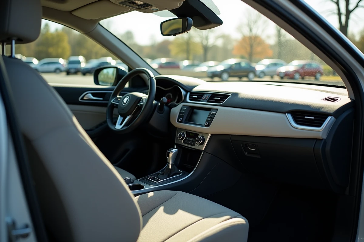 Intérieur d'une voiture familiale montrant le tableau de bord, le volant, le levier de vitesse et les sièges