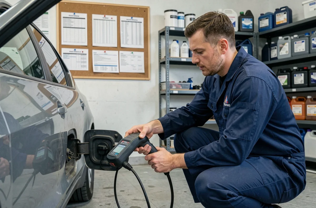Technicien branchant un scanner OBD pour un diagnostic véhicule chez JCJ Auto