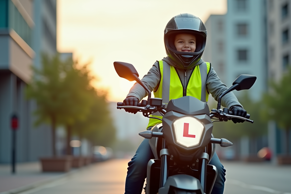 Jeune apprenti motard avec casque et L en ville en plein jour