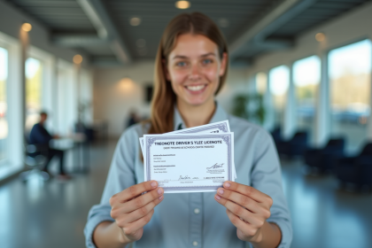 Jeune adulte tenant un permis de conduire français et un certificat d'examen théorique à la réception d'une auto école moderne