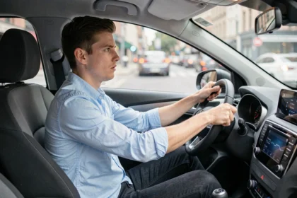 Jeune conducteur concentré au volant d'une voiture moderne en milieu urbain
