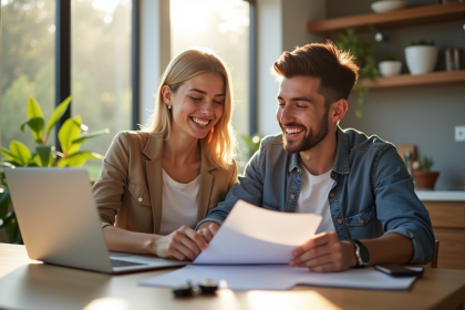 Jeune couple souriant à la cuisine avec documents et clés voiture