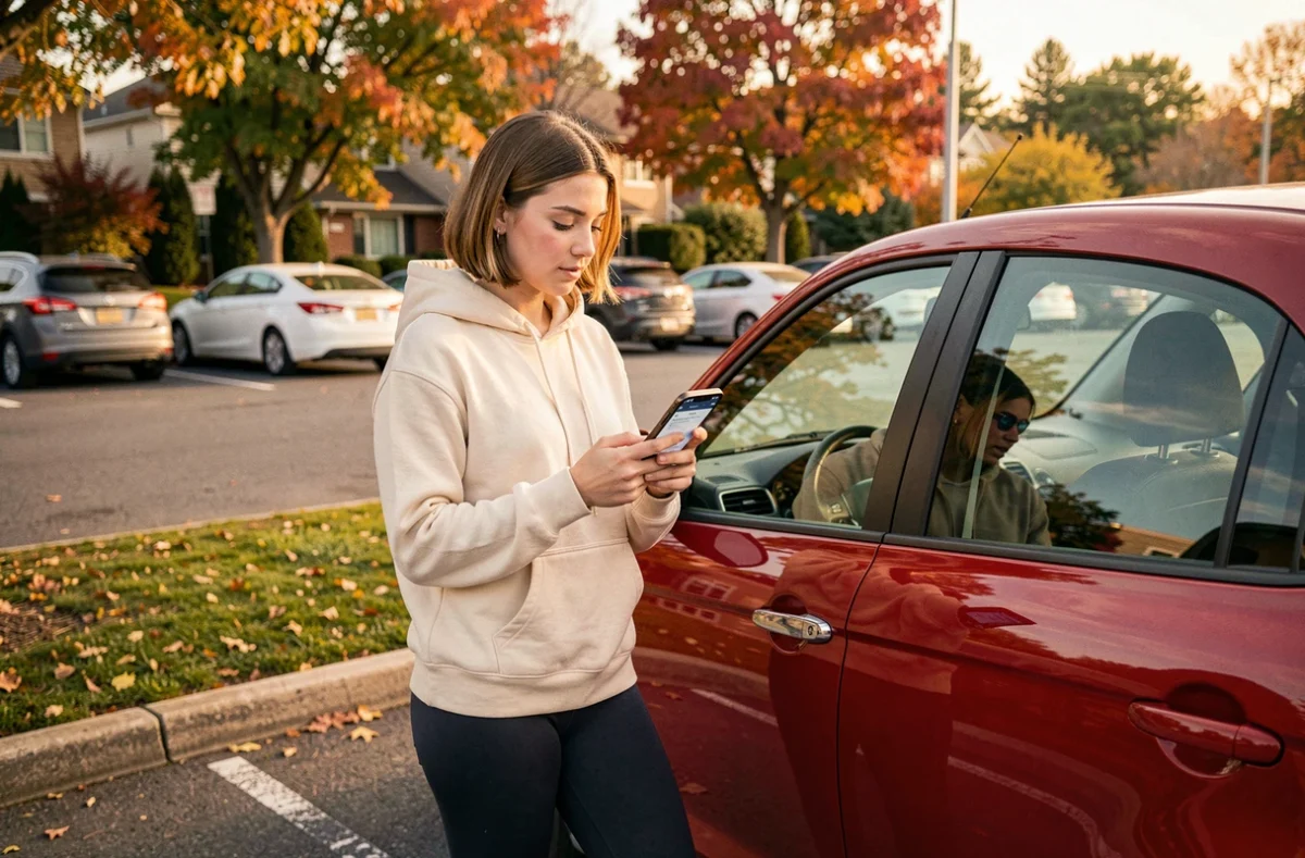 Jeune femme consultant une application de conduite sur smartphone avant de prendre la route