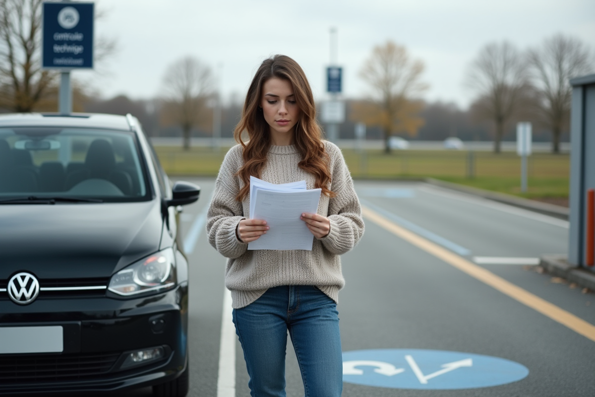 Jeune femme vérifiant ses documents devant sa voiture en extérieur