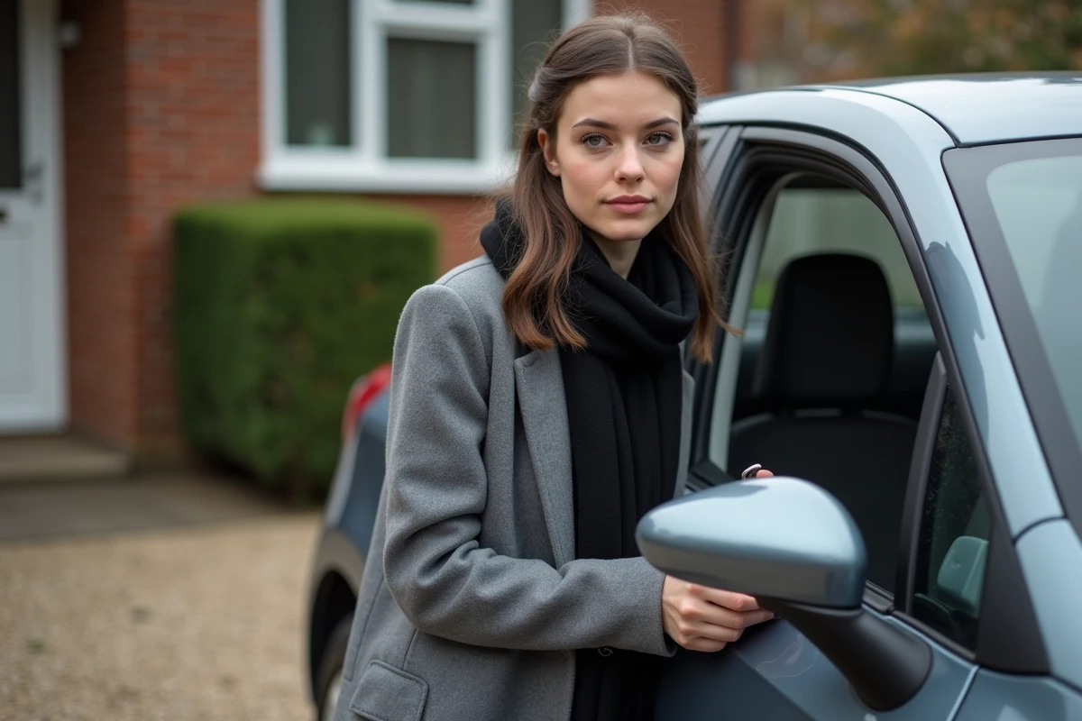 Jeune femme déverrouillant une voiture dans une cour