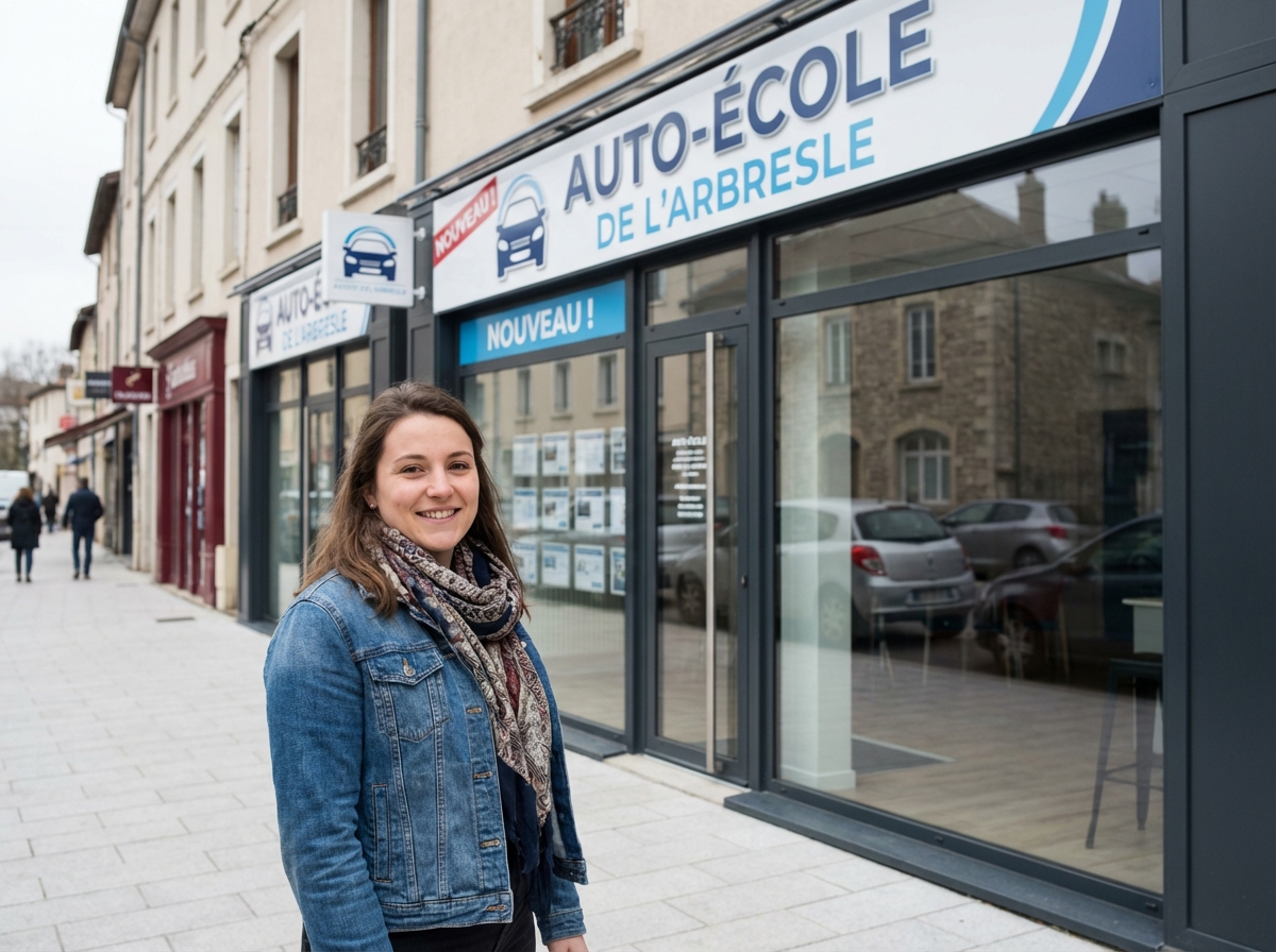 Jeune femme souriante devant une école de conduite à L'Arbresle
