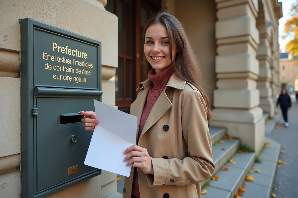 Jeune femme déposant un courrier dans une boîte aux lettres