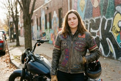 Jeune femme en blouson en cuir coloré à côté de sa moto en ville