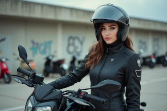 Jeune femme en moto moderne dans un parking urbain