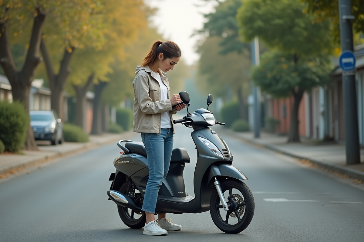 Jeune femme notant des chiffres sur un carnet à côté de sa moto