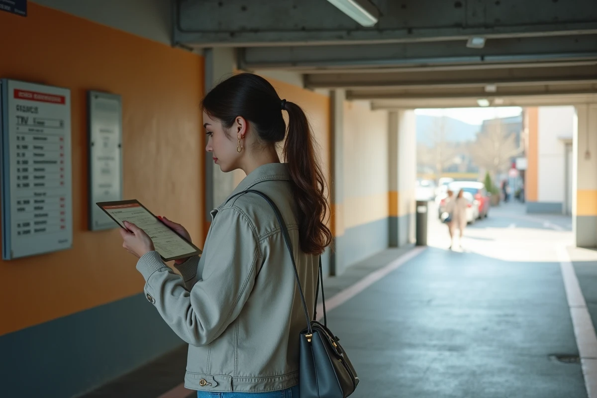 Jeune femme examine un panneau tarifaire dans parking souterrain