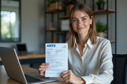 Jeune femme avec certificat d'immatriculation française dans un bureau moderne