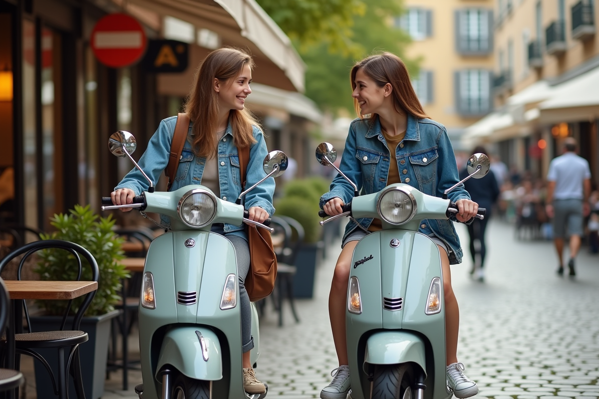 Jeune femme avec scooter dans café urbain animé