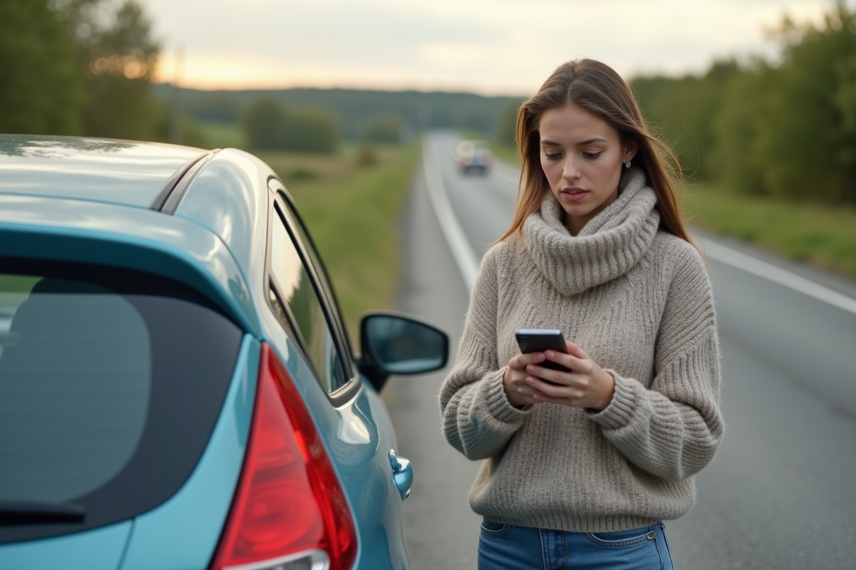 Jeune femme avec smartphone près de sa voiture en extérieur