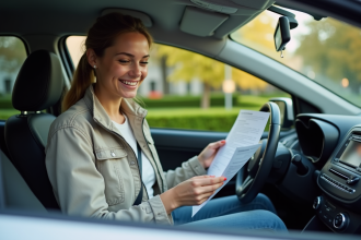 Jeune femme souriante dans sa voiture avec permis et documents d'assurance