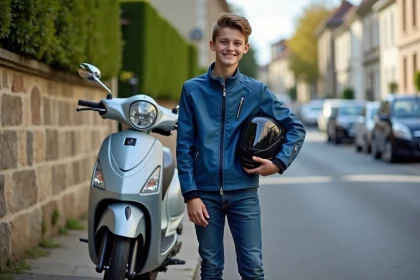 Jeune garçon français avec casque et scooter bleu
