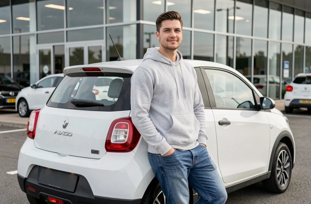 Jeune homme appuyé contre une Aixam Coupé GTI blanche dans un parking de concession automobile