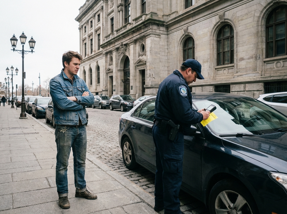 Jeune homme observant sa voiture being verbalisée
