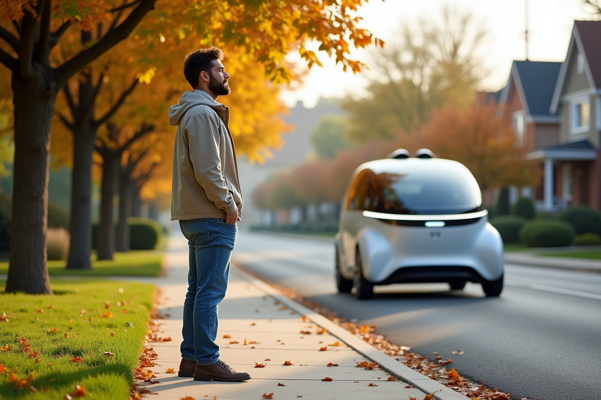 Jeune homme regardant une voiture autonome dans le quartier