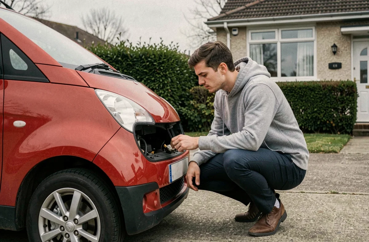 Jeune homme inspectant le moteur d'une voiture sans permis essence rouge dans une allée résidentielle