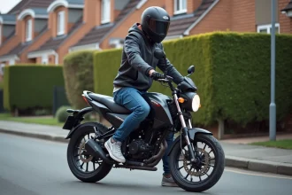 Jeune homme en moto Benda 125 sur le trottoir