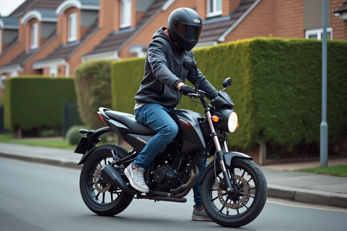 Jeune homme en moto Benda 125 sur le trottoir