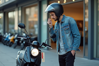 Jeune homme avec casque examine une moto neuve en concession