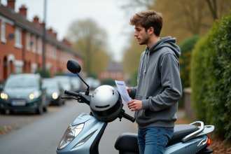 Jeune homme avec scooter et documents d'assurance
