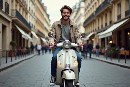 Jeune homme souriant en scooter dans une rue parisienne